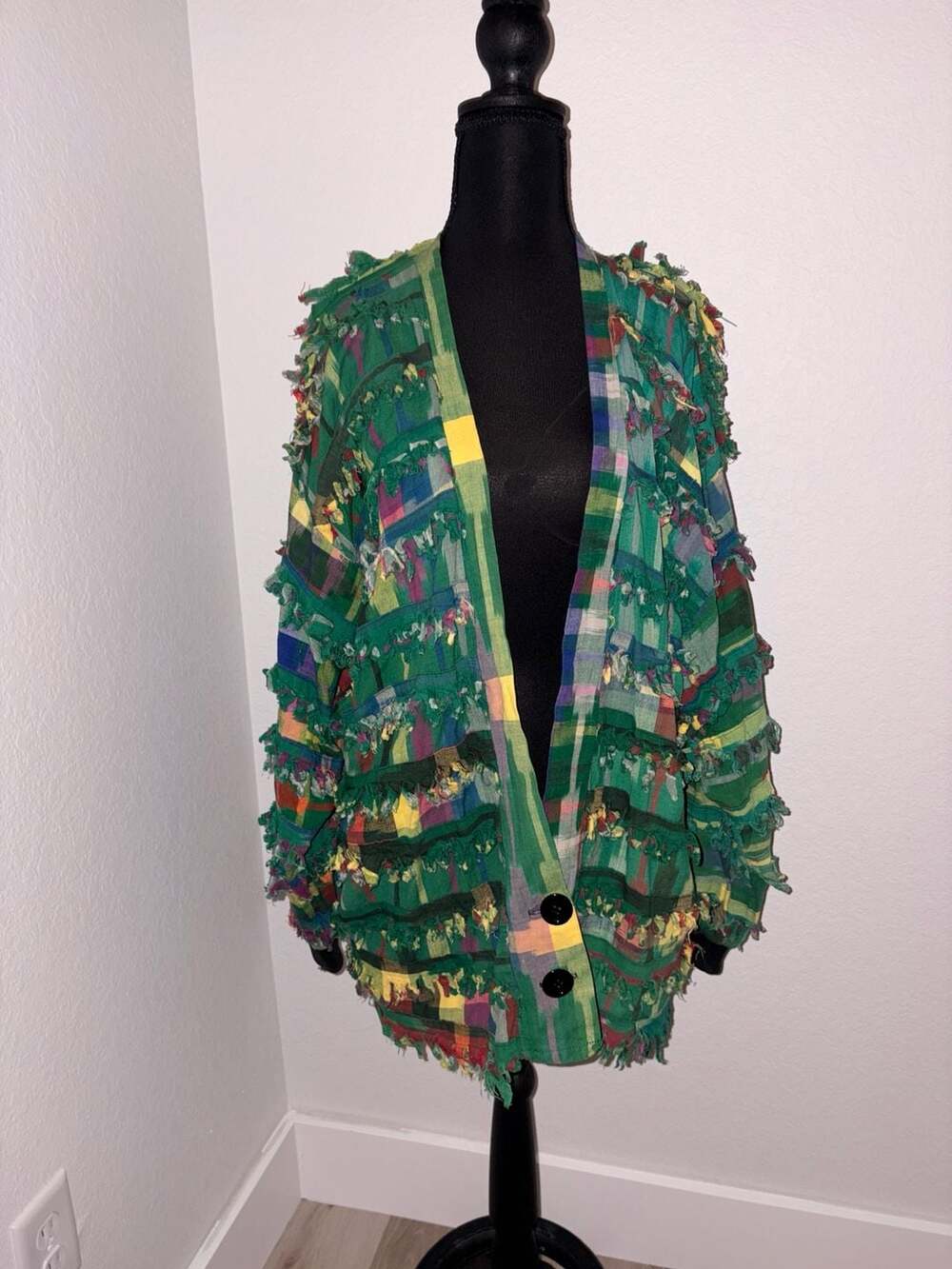 Vintage Paula Sweet Muslin Mink Plaid Fringe Cardigan